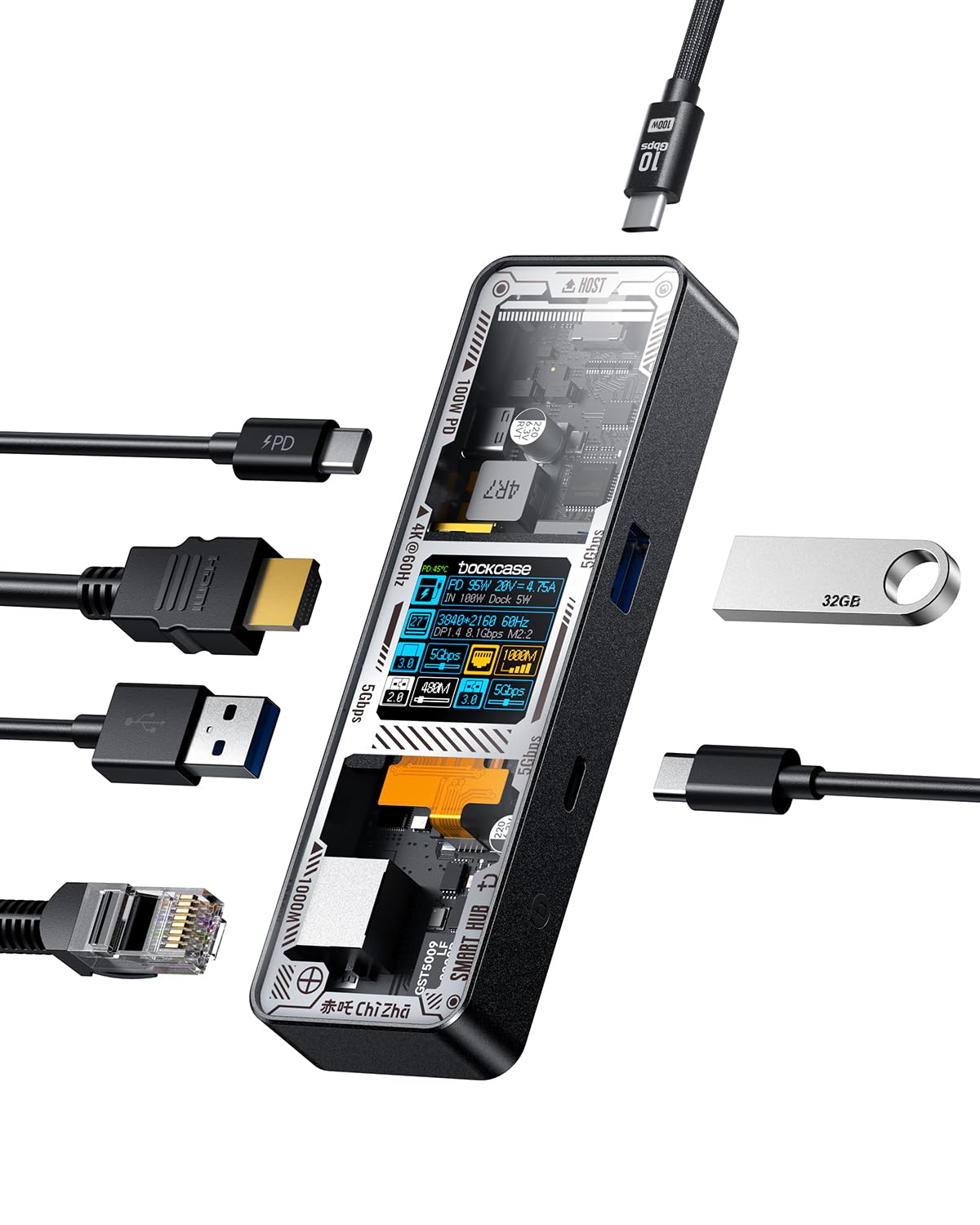 DOCKCASE Explorer Edition Smart 6-in-1 USB-C Hub, Docking Station 4K@60Hz HDMI, 1Gbps Ethernet, PD 3.0 100W, 5Gbps USB-C & 2 USB-A, Multiport Adapter Dock for MacBook Pro/Air, Dell XPS, Black