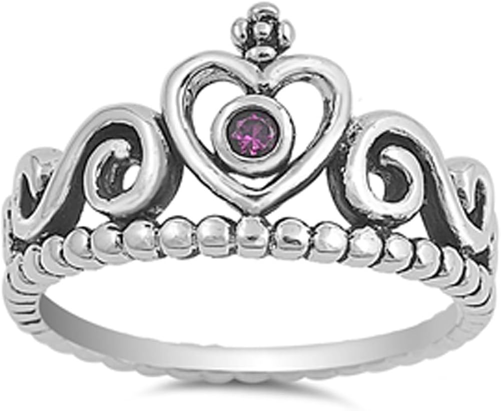 Heart Tiara Crown Simulated Ruby Unique Ring New .925 Sterling Silver