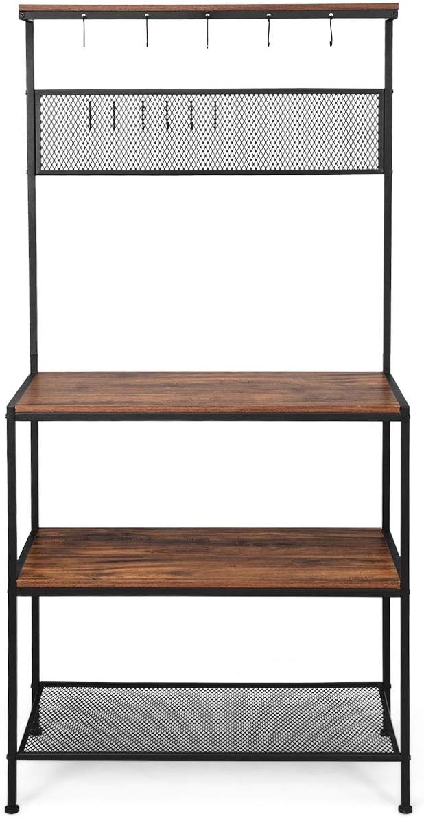Giantex Kitchen Baker's Rack, Industrial Microwave Oven Stand, Mesh Panel with 11 Hooks, Storage Shelves for Utensils, Metal Frame, Standing Cupboard, Easy Assembly (Rustic Brown) - Standing Baker's Racks