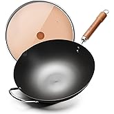 WANGYUANJI Iron Wok,12.59 inch Woks for Stir-fry, Chinese Stir Fry Pan Uncoated, Traditional Flat Bottom Iron Pot for Induction, Electric, Gas, Suitable for All Stoves(Pure Iron Wok)