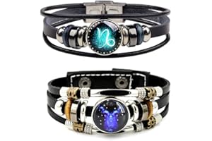 WLL 2Pcs Multilayer Constellation Zodiac Leather Bracelet for Women Men Handmade Woven Zodiac Sign Wrap Wristband Bracelet Couple BFF Birthday Jewelry
