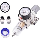 RIH 1/4" NPT Compressed Air Filter Regulator Combo Piggyback, 5 Micron Brass Element, Poly Bowl, Semi-Auto Drain, Metal Bracket, 0-150 psi Gauge Air Tool Compressor Filter with Gauge (1/4" NPT)