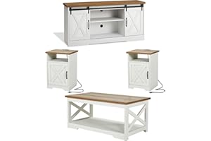 Jocisland 4-Piece Farmhouse Table Set Includes Sliding Barn Door TV Stand, Coffee Table& Two End Tables, Side Table with Char