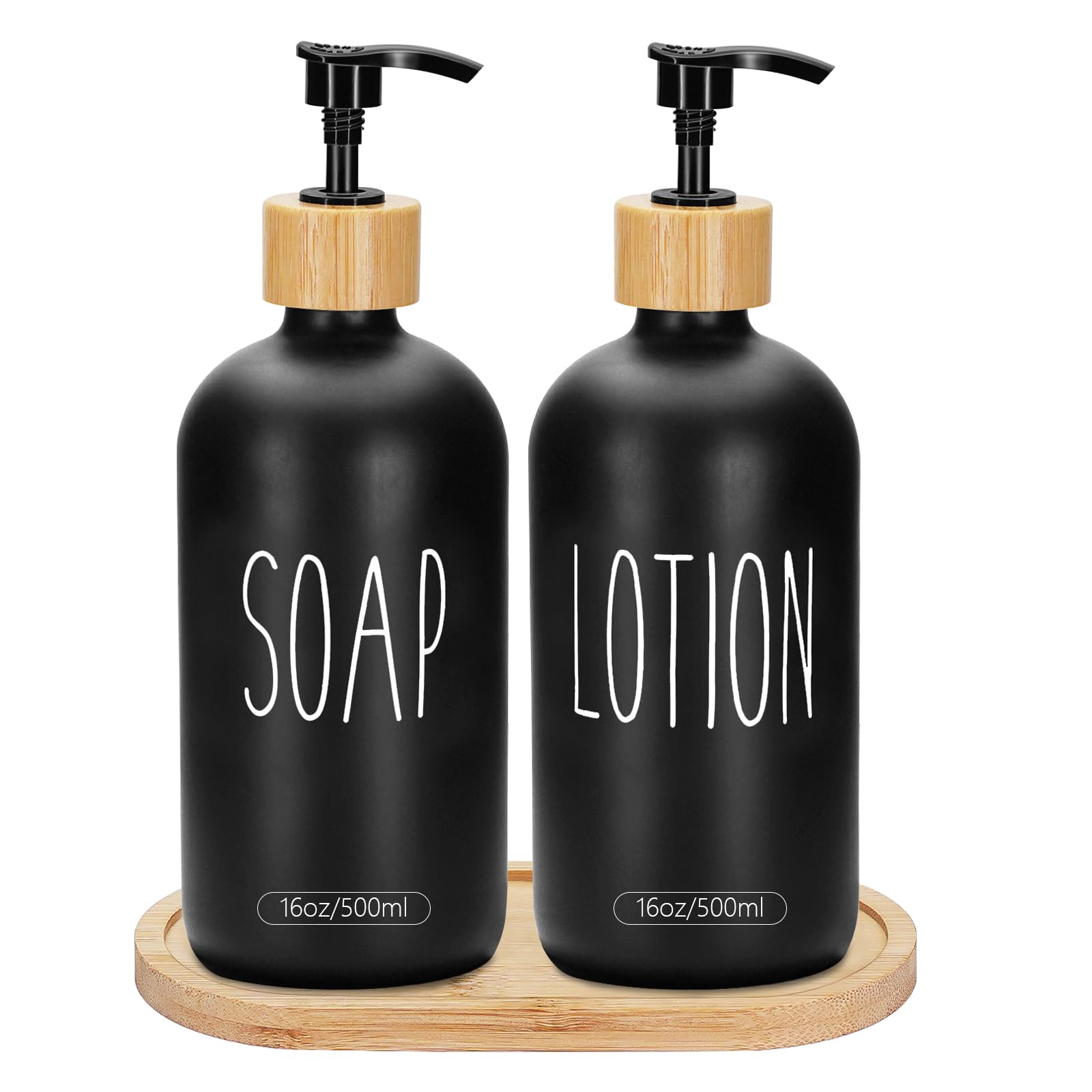 Photo 1 of 2 Pack 16 Oz Glass Soap Dispenser Set with Tray, Hand Dish Soap Dispenser Set for Bathroom and Kitchen Bottle Dispenser with Dish Soap, Hand Soap, Lotion (Black?Soap? Black (Lotion))