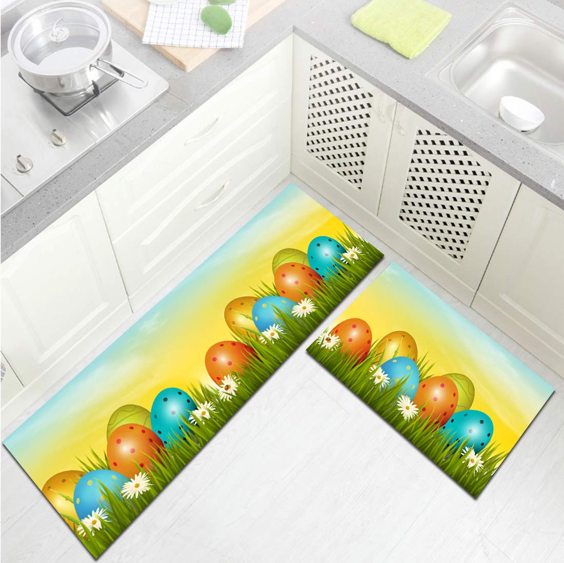 HVEST 2pcs Happy Easter Area Rugs Colorful Eggs Carpet Non