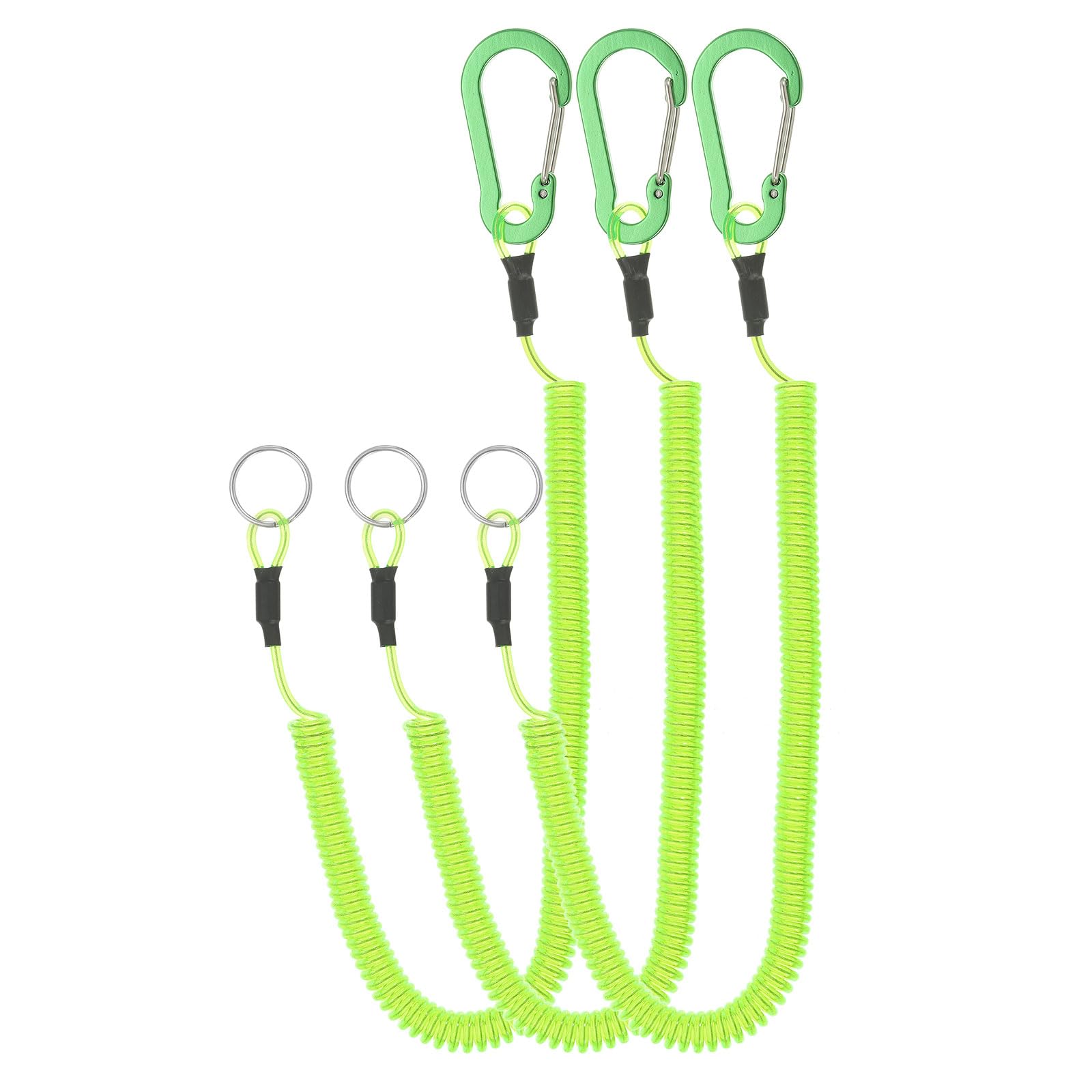 PATIKIL 3pcs Retractable Spring Coil Straps, 6" Spiral Stretchy Safety Lanyard Cord with Aluminium Clip and Key Ring for Fishing Kayak Climbing Boating Pliers, Green