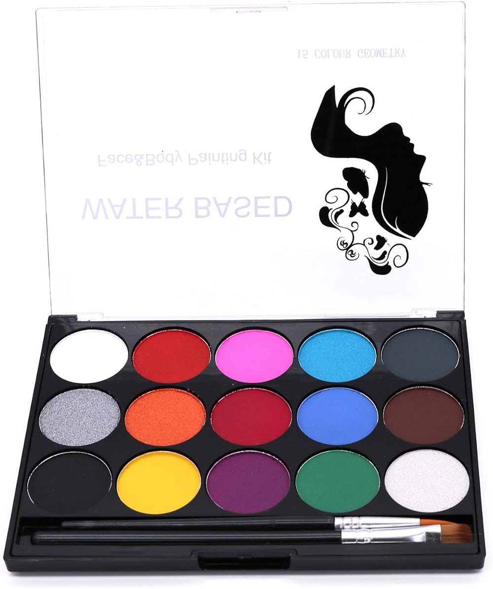 POFET 15 Color Non-Toxic Face Paint Palette with Brush Kids Halloween Art Show