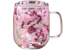 Double Glass Flower Tea Cup – 15.2oz Insulated Coffee Mug with Handle, Dried Flowers Preserved in Double-Wall Glass, Floral G