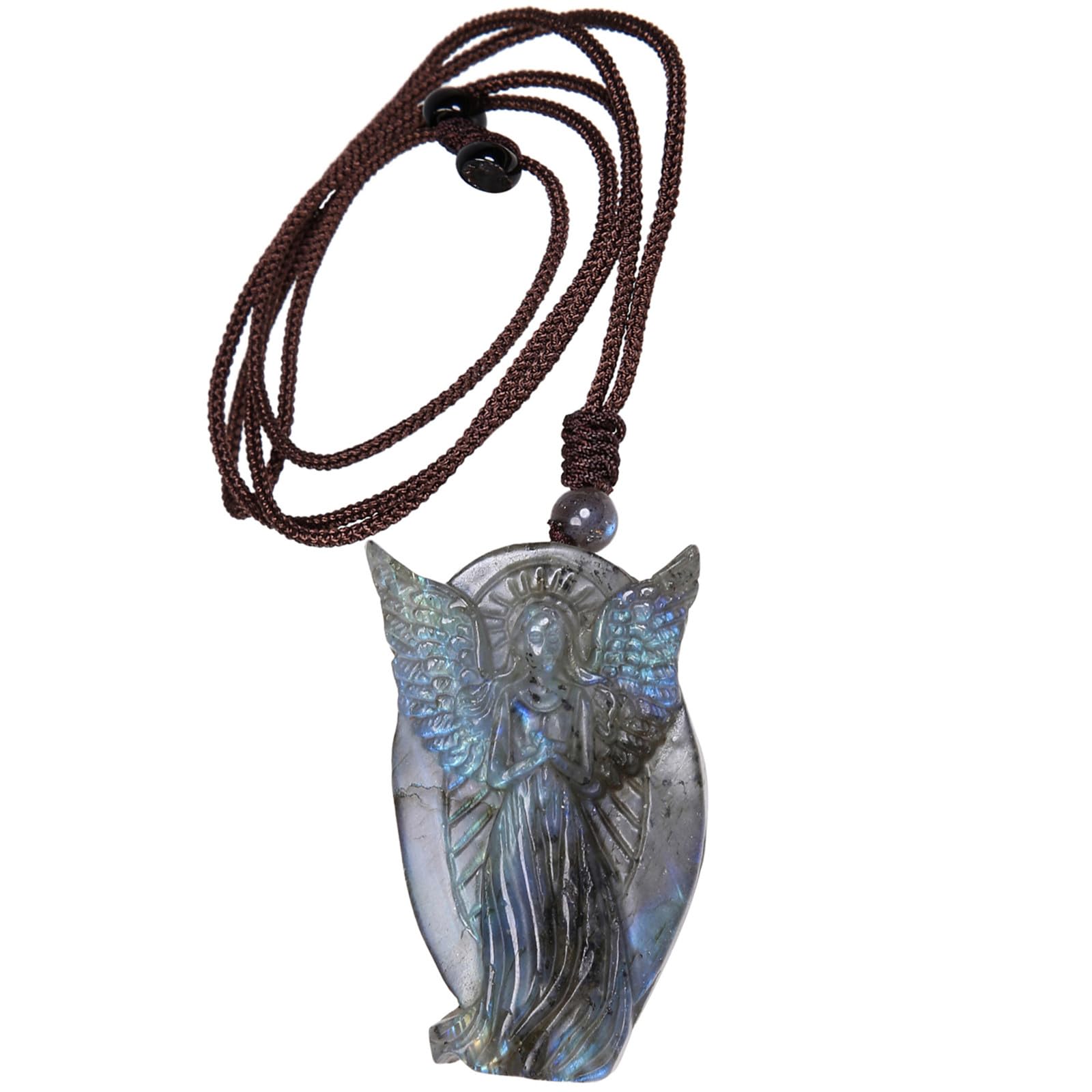 Nupuyai Angel Labradorite Crystal Stone Necklace for Women Men, Natural Carved Stone Pendant with Adjustable Rope