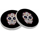 oFloral Sugar Skull Coasters for Drinks Flower Tattoo Traditional Day of The Dead Cups Place Mats for Home Decor Set of 2, 4 Inch