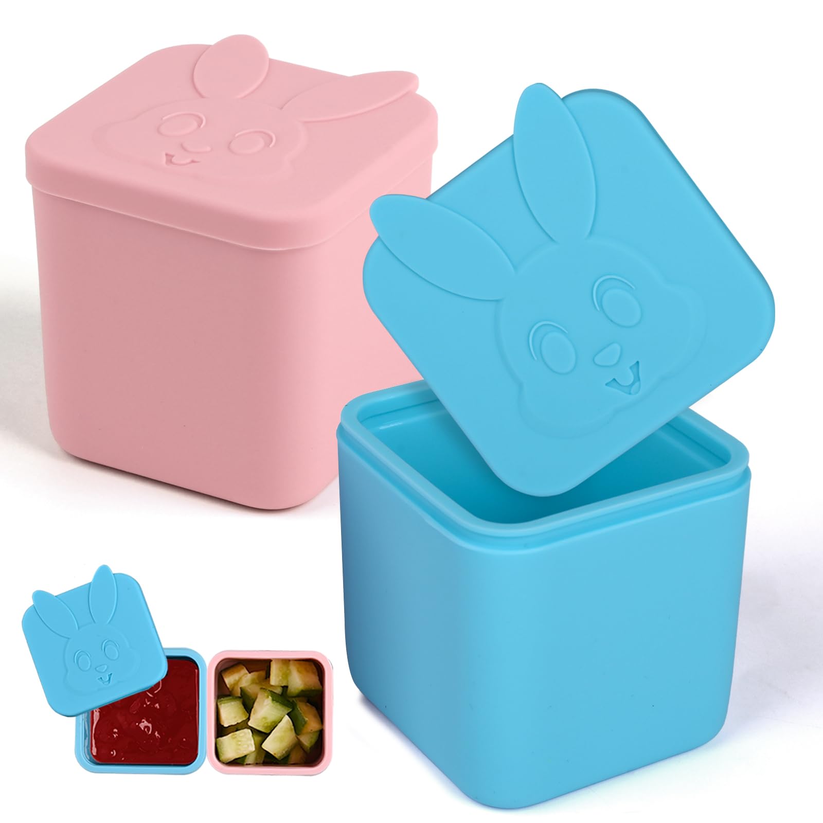 Photo 1 of Moukiween 2pcs Dip Containers Fits Most Bento Lunch Box,4oz Leakproof Silicone Salad Dressing Container To Go?Food Grade Silicone Condiment Container with Lids ?Pink&Blue?