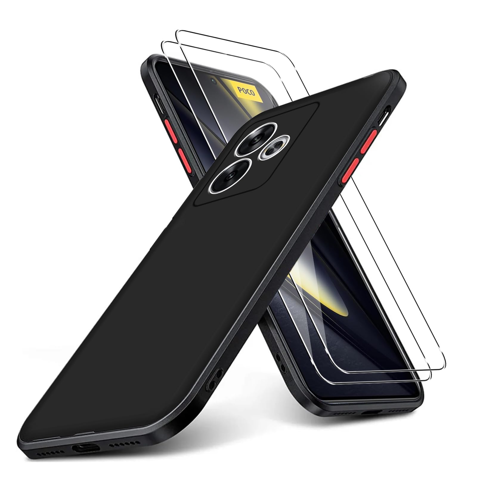 KUSINHOKA Case Compatible with Xiaomi POCO F6 + 2 Pack Screen Protector Tempered Glass,Anti Scratch,Drop Protection,Non Slip Soft TPU Thin Full Body Protective Phone Cover,Black
