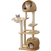JLDUQKUM Wood Cat Tree for Indoor Cats, 59in Tall Cat Tower | Modern Multi-Level Cat Condo, for Large Cat, with Scratching Post, with Two Handwoven Basket, Easy to Clean
