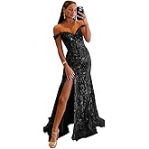 MCOLLNAS Sparkly Sequin Mermaid Prom Dresses 2026 Off The Shoulder Tulle Evening Gown with Slit
