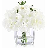 WELL KNOWN Fake Flowers in Vase, Hydrangea Ranunculus Artificial Flowers with Vase, Silk Faux Floral with Faux Water Arrangements Centerpiece for Office Dining Table Home Hotel Wedding Decor (White)