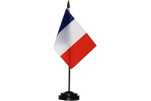 Anley France Deluxe Desk Flag Set - 6 x 4 Inch Miniature French Desktop Flag with 12" Solid Pole - Vivid Color and Fade Resistant - Black Base and Spear Top