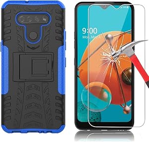 Yiakeng Compatible for LG K51 Case with Screen Protector, Shockproof Silicone Protective with Kickstand Hard Phone Cover for LG K51 (Blue)