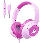 Kids Headphones Wired with USB C Plug, 85/94 dB Volume Limit, USB Type C Headphones for Kids Boys Girls, Foldable Stereo Sound Over Ear Wired Headphones for School/Tablet/Travel, Fuscia Pink