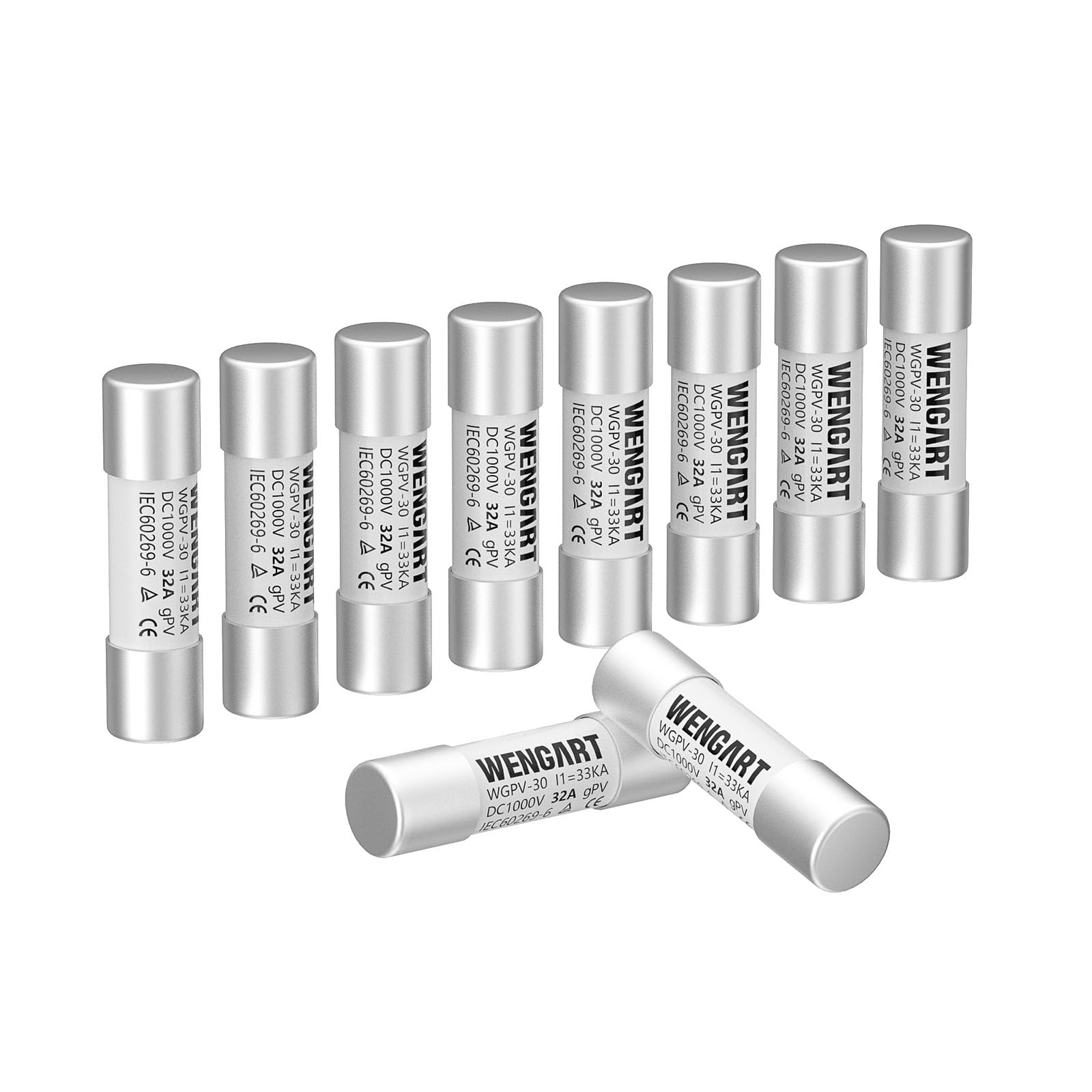Wengart Solar Fuses WGPV-30, 32Amp, Fast Photovoltaic Fuses for Solar Photovoltaic Applications,DC1000V,10x38mm,I133kA,10pcs