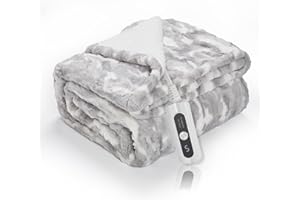 SNUGSUN Heated Blanket Faux Fur & Sherpa Twin Size, Safe Electric Blanket ETL & FCC Certified, Soft Warm 6 Heating Levels & 10 Hours Auto-Off, Machine Washable, 62"x84" Light Grey & White Pattern