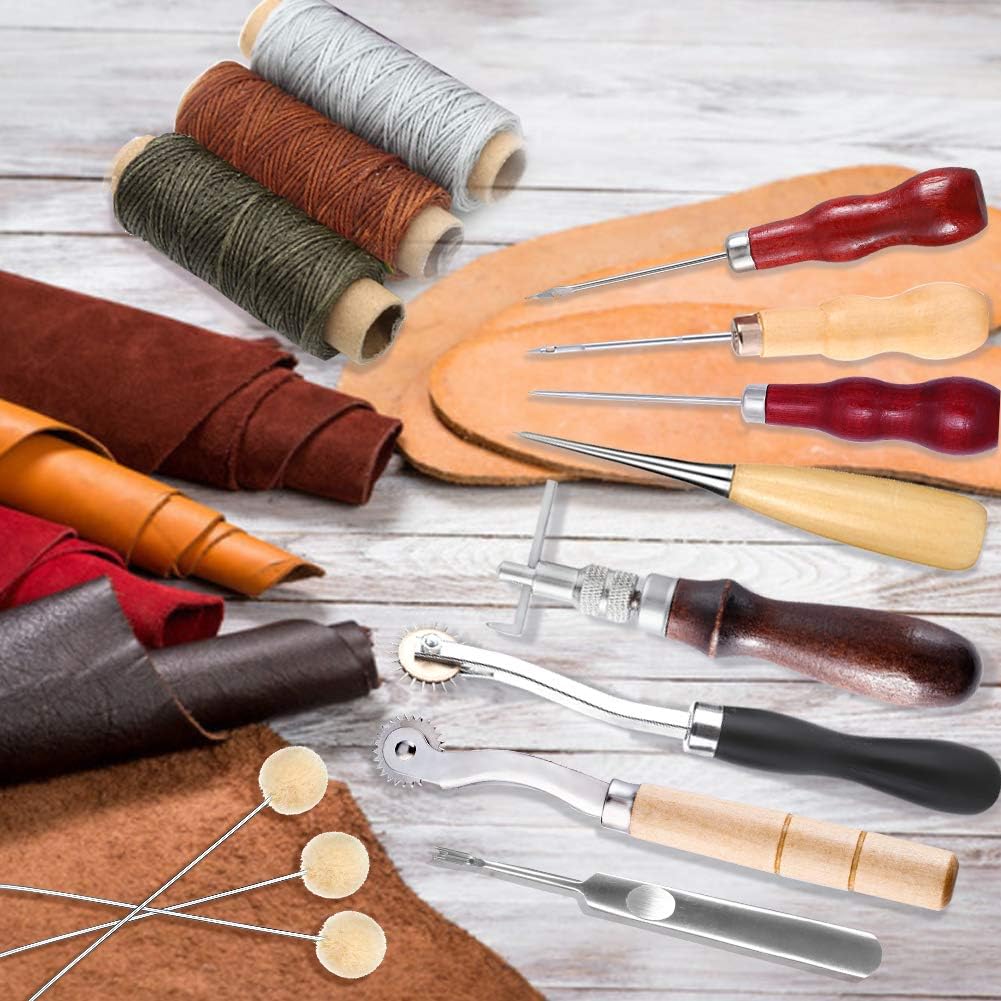 34 Pcs Leather Tool Kit, Leather Working Tools, and Supplies, Leather Sewing Kit with Leather Thread, Leather Sewing Needles, Groover, Thimble, Awl, Instructions and Leather Accessories