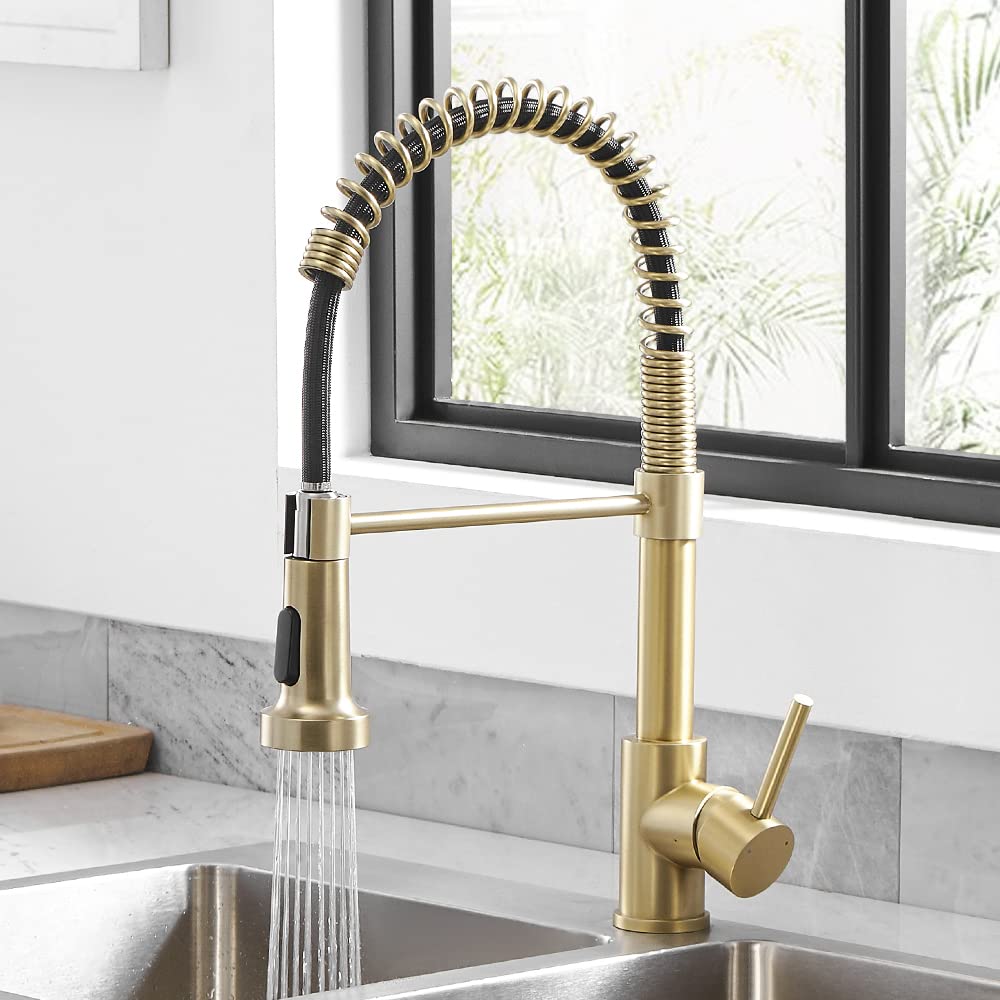 Photo 1 of OWOFAN Kitchen Faucets with Pull Down Sprayer 304 Stainless Steel Industrial Single Handle One Hole Faucet for Farmhouse Camper Laundry Utility Rv Wet Bar Sinks Gold 9009K