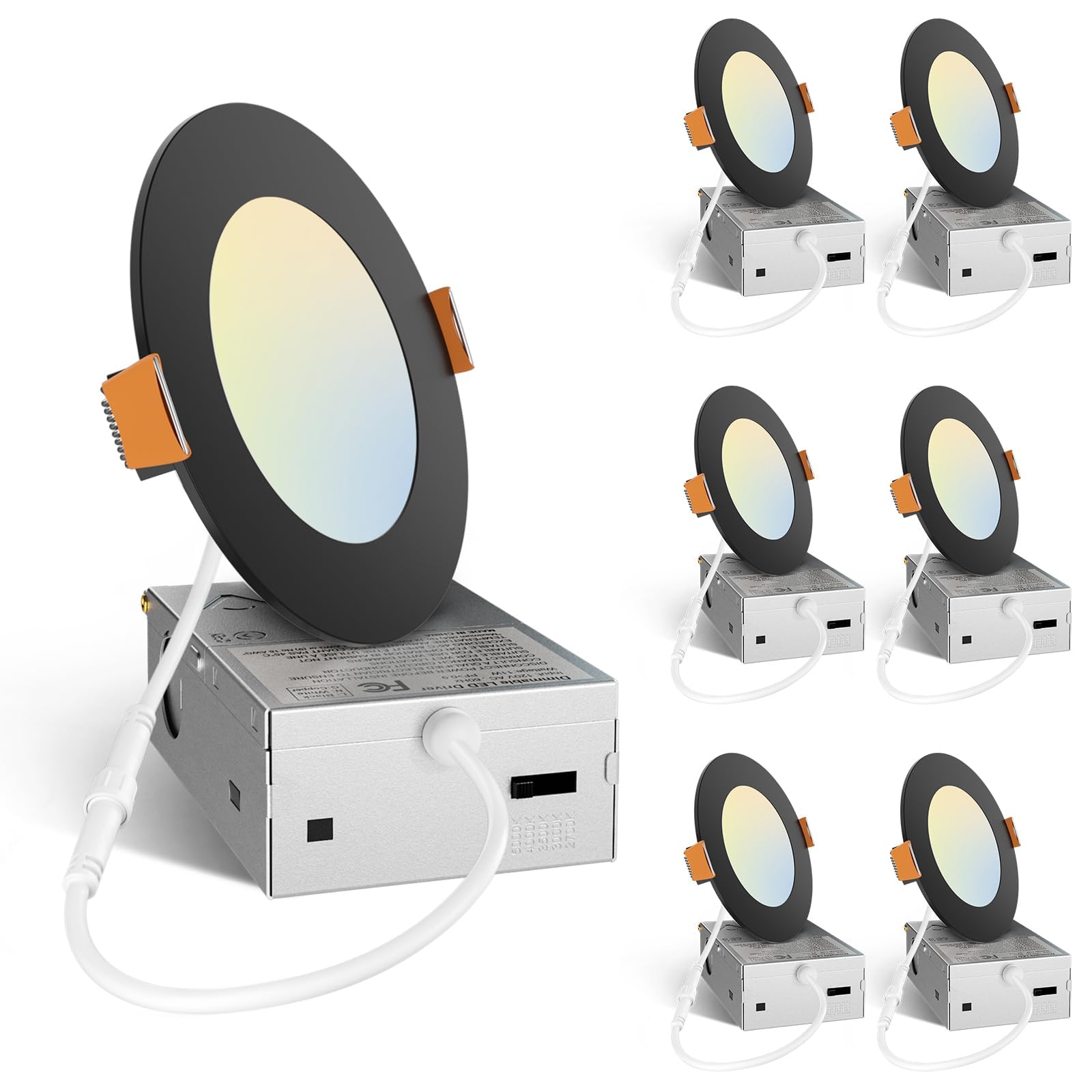 Amico 6 Pack 4 Inch 5CCT Ultra-Thin LED Recessed Ceiling Light with Junction Box, 2700K/3000K/3500K/4000K/5000K Selectable, 11W Eqv 70W, Dimmable Canless Downlight, 800LM High Brightness,Black Image