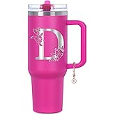 Tswofia Personalized 40 oz Monogrammed Tumbler with Handle & Flip Straw, 100% Leak Proof stainless steel Insulated Tumbler, Customized Initial Funny Gifts for Women Mom Sisters Coworker, D