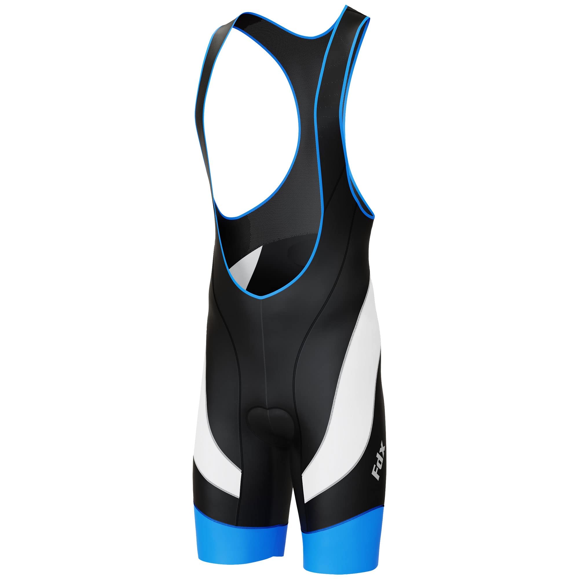 FDX Herren Bib Shorts 3D gepolsterte Radhose mit Mesh Trägern Reißverschlusstasche und Anti Rutsch Beinabschlüssen Atmungsaktive Sommer Radbekleidung (Blk/Blue-L)