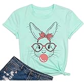 Bunny with Glasses Shirt Women Cute Easter Bunny Graphic Tee Tops Bubble Gum Bunny T-Shirt Casual Short Sleeve Tops