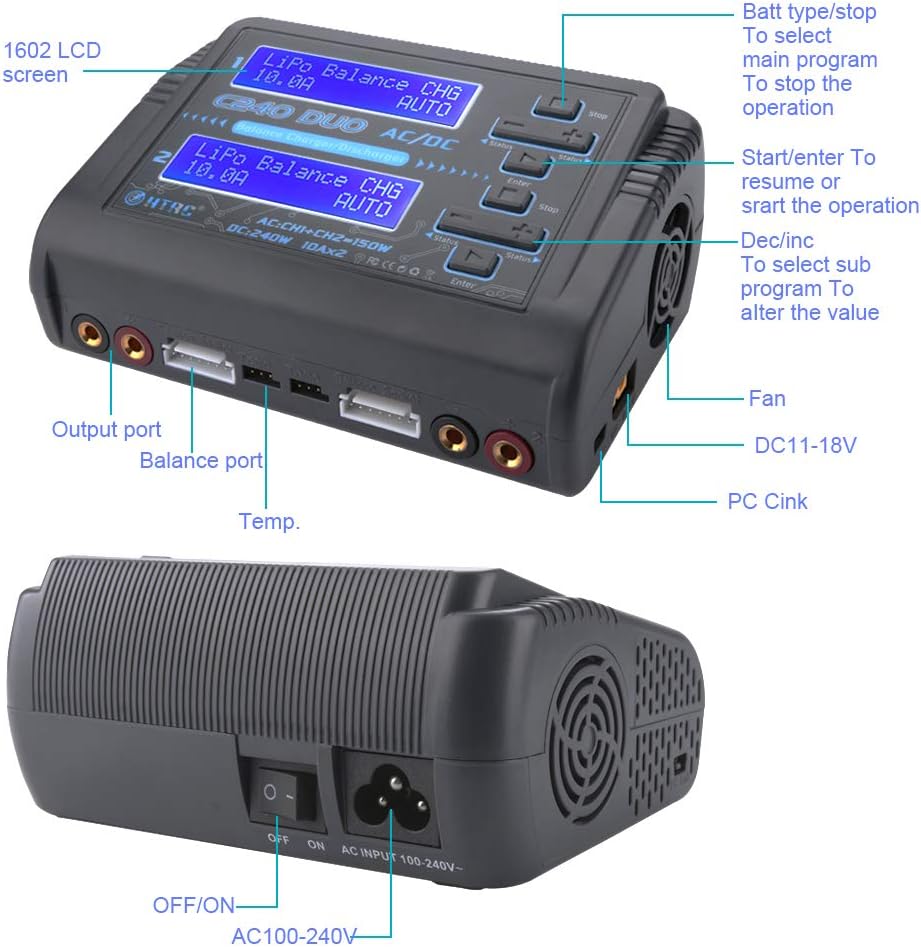 Dual LiPo Battery Charger Port RC Battery Charger RC Car Balance Battery Charger Discharger AC 150W DC 240W 10A for LiPo/Li-ion/Life(1-6s) NiCd/NiMH/LiHV/PB Smart Battery RC Car Charger: Electronics