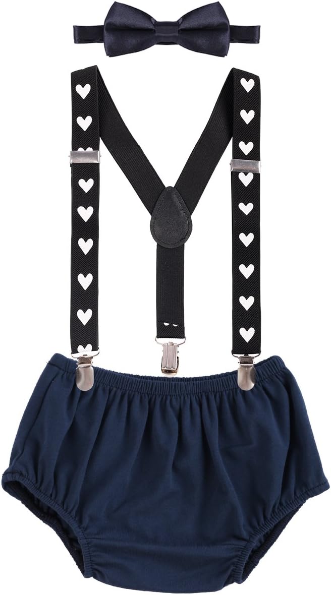 Kids Baby Boys 1st / 2nd Birthday Cake Smash Bloomer Shorts + Adjustable Y Braces/Suspender + Bow Tie 3PCS Formal Gentleman Outfit Suit