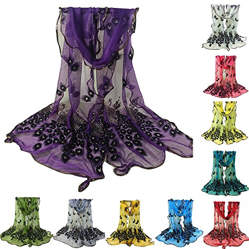 CieKen Women Lightweight Large Blanket Wrap Shawl Scarfs Peacock Design Flower Embroidered Lace Soft Long Scarf Wrap (A) - Thumbnail 3