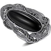 Shefashion Rhodium Plated Large Black Stone Statement Rings for Women Cocktail Rings Size 7-9