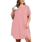 AusLook Plus Nightgowns for Women Short Sleeve Button Down V Neck House T-shirt Dress Loose Maternity Nightshirt Pajamas1-5X