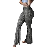 WDIRARA Women's Flare Leggings Workout Ribbed Elastic Waist Bell Bottom Yoga Pants