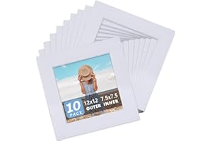 Somime 10 Pack Pre-Cut 12x12 White Picture Mats for 8x8 Photos - White Core Bevel Cut Frame Matte, Acid Free, Ideal for Frame