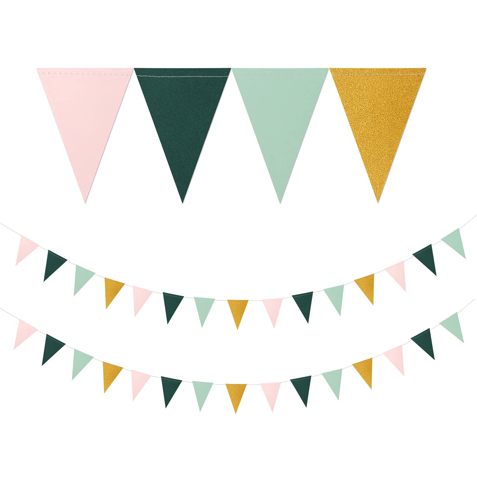 Sage Green Pink Gold Pennant Banner,2 Pack Glitter Paper Triangle Flags,Baby Bridal Shower Safari Birthday Tropical Party Decorations Jungle Theme Wedding Bachelorette Engagement Bunting