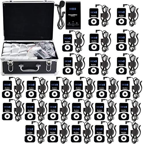 EXMAX EX-100 Wireless Tour Guide System Voice Transmission with Carrying Case(NOT Charging Case),for Teaching,Conference,Tour Guides Command Training (1 Transmitter and 25 Receivers w/Black Case)