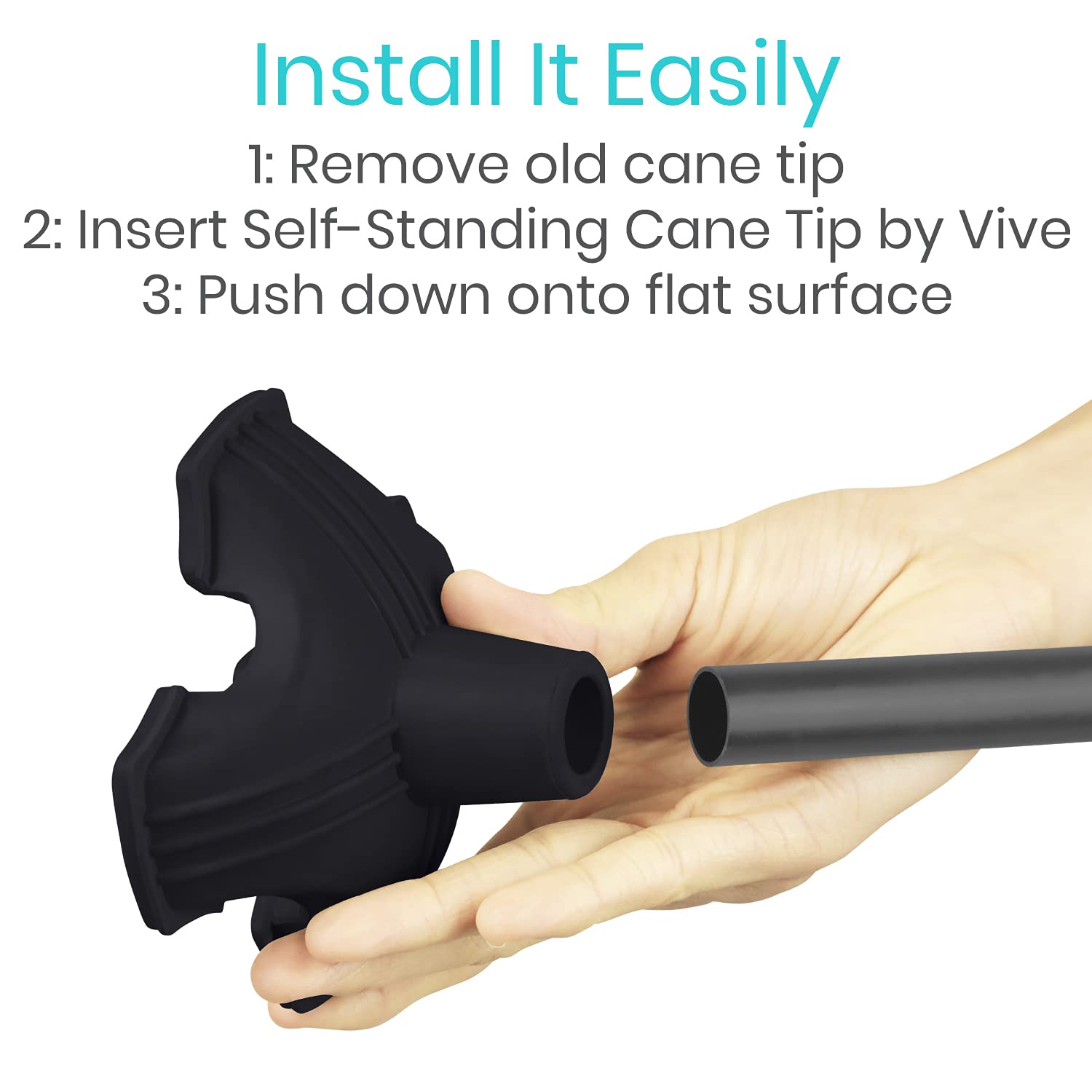 Vive Cane Tip - Self Standing Quad Base Replacement for Most Walking Canes, Walking Sticks, Folding Canes or Offset Quad Pod or Tripod Canes - 4 Prong Rubber Cane Foot Pad