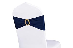 Pack of 50 Spandex Navy Blue Chair Sashes with Gold Buckles, Stretch Chairs Sashes for Wedding Party Baby Shower Ceremony Eve
