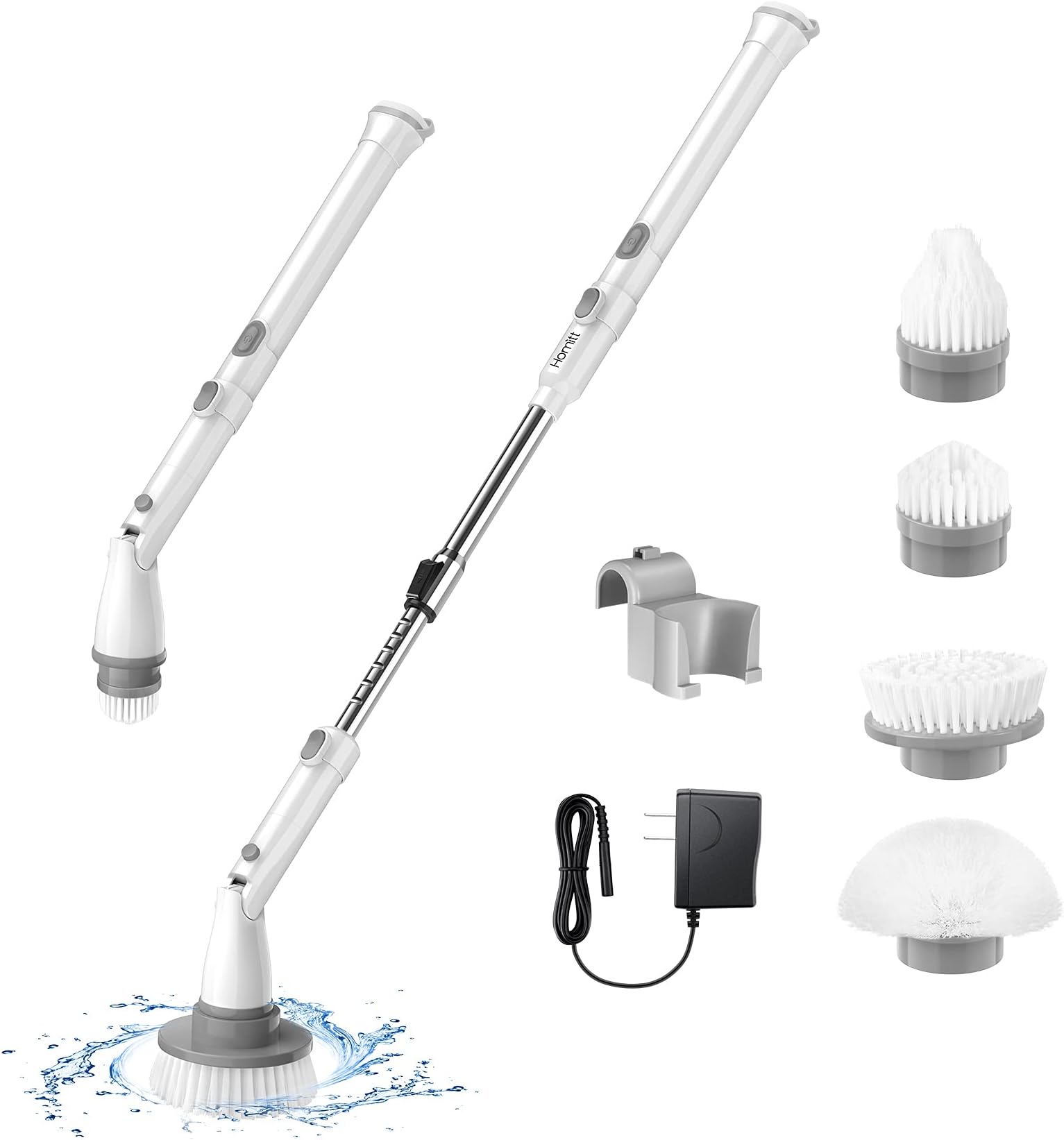 Homitt Spin Scrubber, Deluxe Electric Cordless Power Floor Scrubbing 4 Replaceable Cleaning Brush Heads, 1 Extension Arm for Bathroom, Kitchen, ABS, White Classique