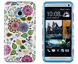 DandyCase 2in1 Hybrid High Impact Hard Colorful Spring Flowers Pattern + Sky Blue Silicone Case Cover For HTC One M7 4G LTE + DandyCase Screen Cleaner
