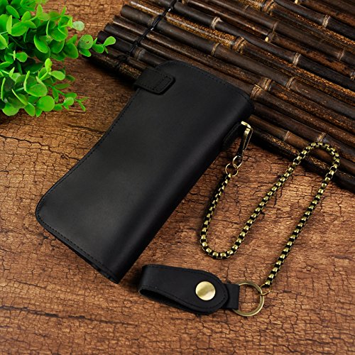 Le'aokuu Mens Genuine Leather Bifold Wallet Organizer Checkbook Iron Chain (The Black)
