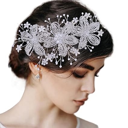HP252 Crystal Rhinestone Wedding Headpiece for Women Handmade Flower Bridal Hair Accessories(Silver)