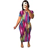 Women's Casual Short Sleeve Dress T Shirt Bodycon Dresses Ribbed V Neck Maxi Sundress Basic Party Club Dress-Color Block-S