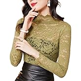 zebemay Women's Floral Lace Top Long Sleeve Mock See Through Mesh Underwear Blouse Shirt S-L