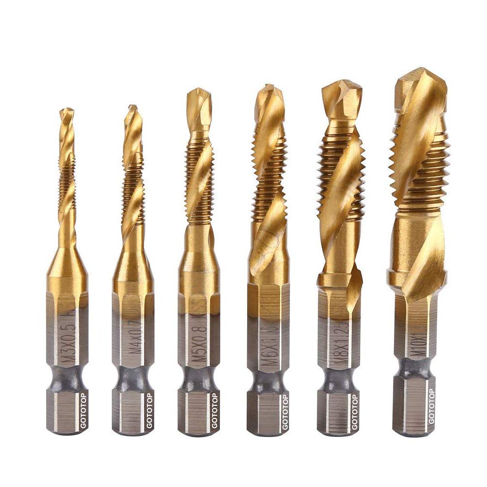 6Pcs Spiral Flute Tap Set, Titanium Coated HSS Metric Thread Machine Taps Drill Bits Screw Thread Tapping Tool M3 M4 M5 M6 M8 M10