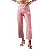 Sidefeel Women's Wide Leg Jeans High Waisted Straight Leg Jeans Buttoned Loose Stretchy Denim Pants with Pocket Peach Blossom Size 4 Long