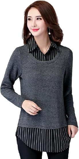 Amazon レディース チュニック 重ね着風 シャツ ブラウス セーター 長袖 Ol 通勤 オフィス 体型カバー 着痩せ スリム 4xl セーター 通販